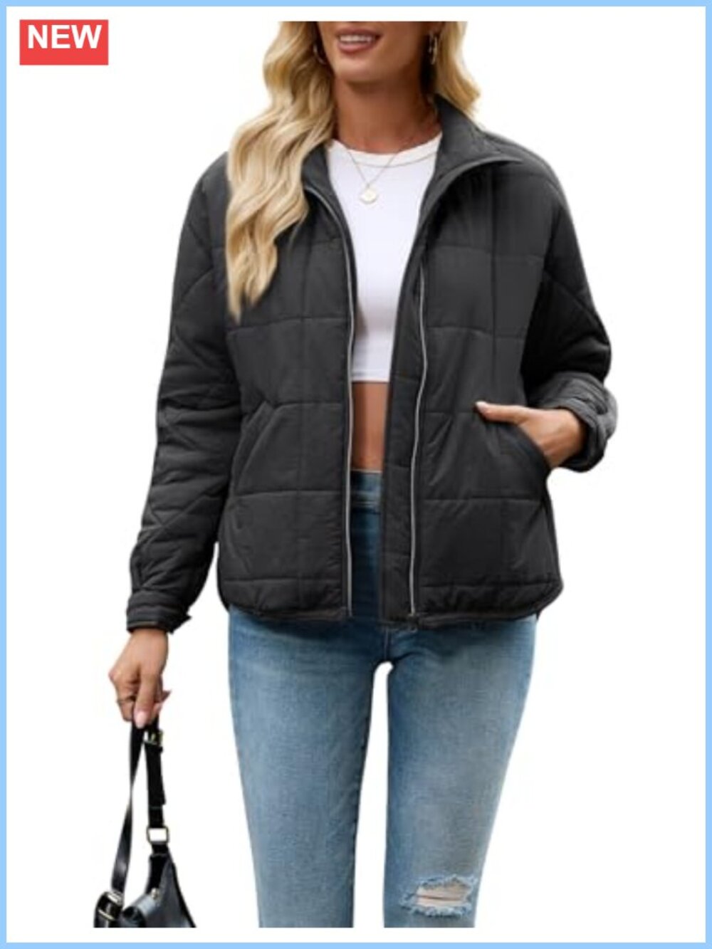 Women's Quilted Puffer Jacket Lightweight Zip Up Padded Coat with Pockets